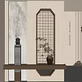 Chinese Traditional Interior Decor With Wooden Lattice Vase Stone Sculpture Lantern And Calligraphy Scroll