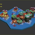 Cartoon Scene With Island Multiple Regions Green Grass Stones Small Buildings And Blue Water