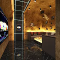 KTV Corridor With Blue Neon Lights And City View Screens