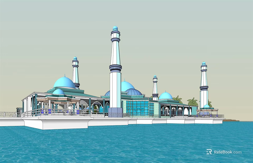 Scenic Mosque Architecture On Water With Blue Domes And White Minarets 3d model 