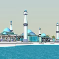 Scenic Mosque Architecture On Water With Blue Domes And White Minarets