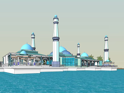 Scenic Mosque Architecture On Water With Blue Domes And White Minarets 3d model