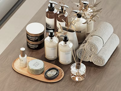 Bath Essentials Collection Featuring Skincare Bottles Soap Towels Diffuser Sticks And Wooden Tray 3d model