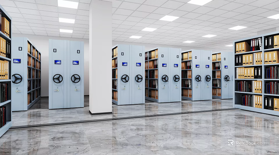 Modern Archive Room With Movable Metal Filing Cabinets For Document Storage 3d model 