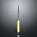Sharp Weapon Knife With Yellow Handle And Long Slender Blade Isolated On Gray Background