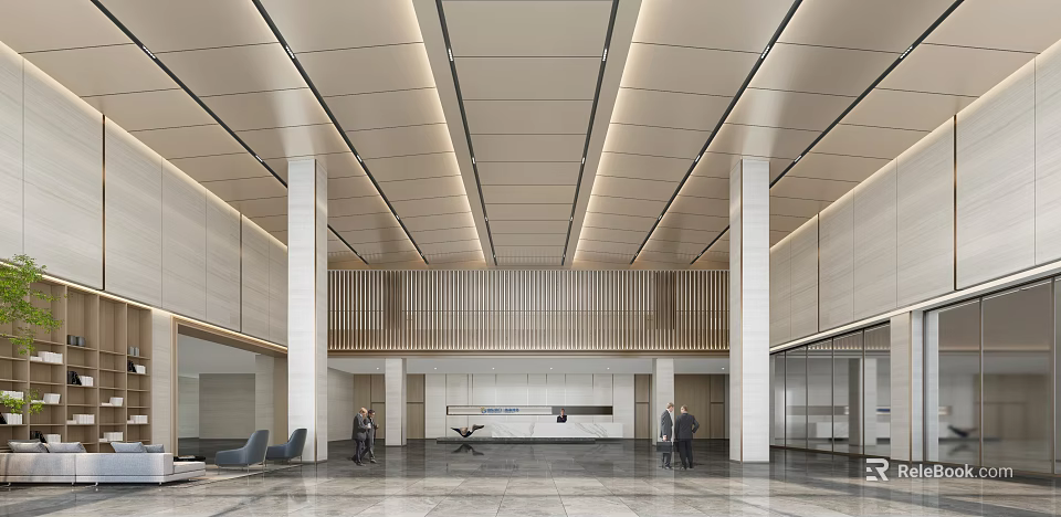 Spacious Modern Lobby With Front Reception Desk Marble Floor Columns And Seating 3d model 