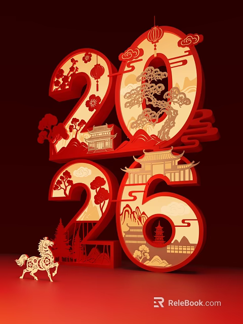 3D Typography 2026 Design with Chinese Traditional Elements Ancient Architecture Lanterns Mountains and Pine Trees 3d model 