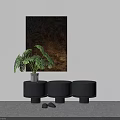 Three Black Round Shoe Stools With Green Plant And Wall Painting Near Slippers