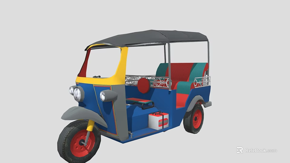 Three Wheeled Motorcycle With Blue Yellow Red Body Canopy Top And Seats 3d model 