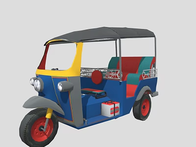 Three Wheeled Motorcycle With Blue Yellow Red Body Canopy Top And Seats 3d model