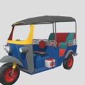 Three Wheeled Motorcycle With Blue Yellow Red Body Canopy Top And Seats