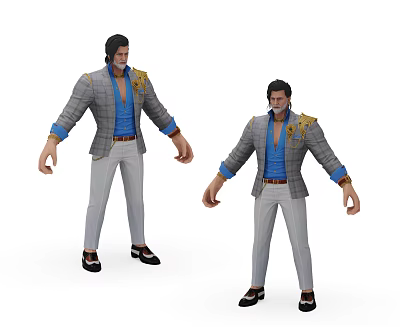 3D Game Character Wearing Gray Plaid Blazer Blue Shirt White Pants And Gold Shoulder Details 3d model