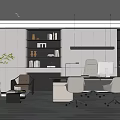 Modern Office Interior Design With Desk Chair Sofa Bookshelf Green Plant And Computer
