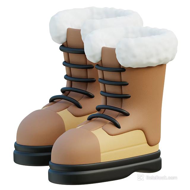 Brown Winter Boots With White Fur Trim Black Laces And Black Soles 3d model 