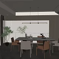 Modern Restaurant Interior With Dining Table Chairs And Decorative Plants 3d model