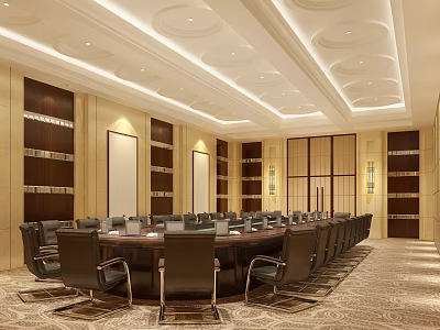 Elegant Modern Conference Room Interior With Round Table And Black Leather Chairs 3d model