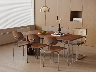 Modern Dining Table And Chairs Set With Pendant Lamp Fruits Flowers And Wooden Cabinets 3d model