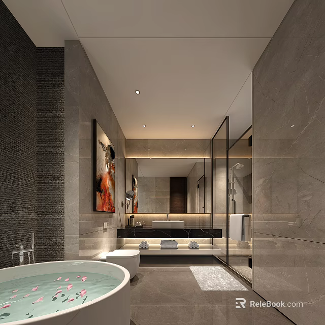 Luxury Hotel Bathroom Interior With Marble Walls Freestanding Bathtub And Large Mirror 3d model 