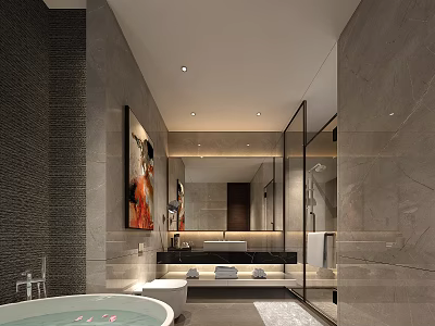 Luxury Hotel Bathroom Interior With Marble Walls Freestanding Bathtub And Large Mirror 3d model