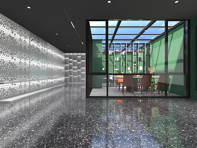 Modern Indoor Lounge Space With Glass Windows Green Walls Terrazzo Floor And Textured Wall 3d model