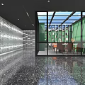 Modern Indoor Lounge Space With Glass Windows Green Walls Terrazzo Floor And Textured Wall