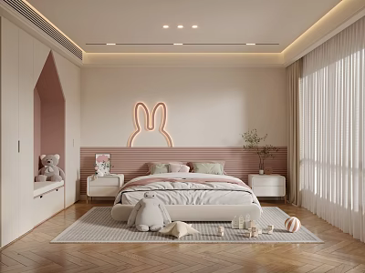 Modern Kids Room Interior Design With Rabbit Headboard White Bed Stuffed Toys And Wooden Floor 3d model