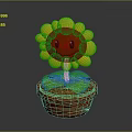 Cartoon Sunflower Potted Plant Featuring Smiling Face Yellow Petals Green Leaves And Brown Pot