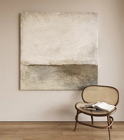 Minimalist Interior With Abstract Painting On Wall Wicker Chair And Open Book 3d model