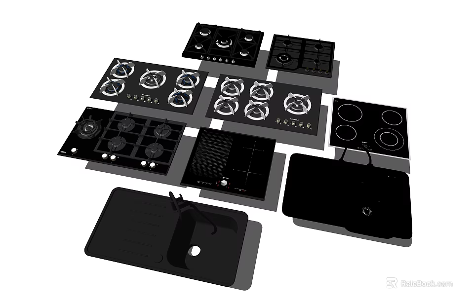 Modern Kitchen Appliances Including Cooktops and Sinks in Various Styles 3d model