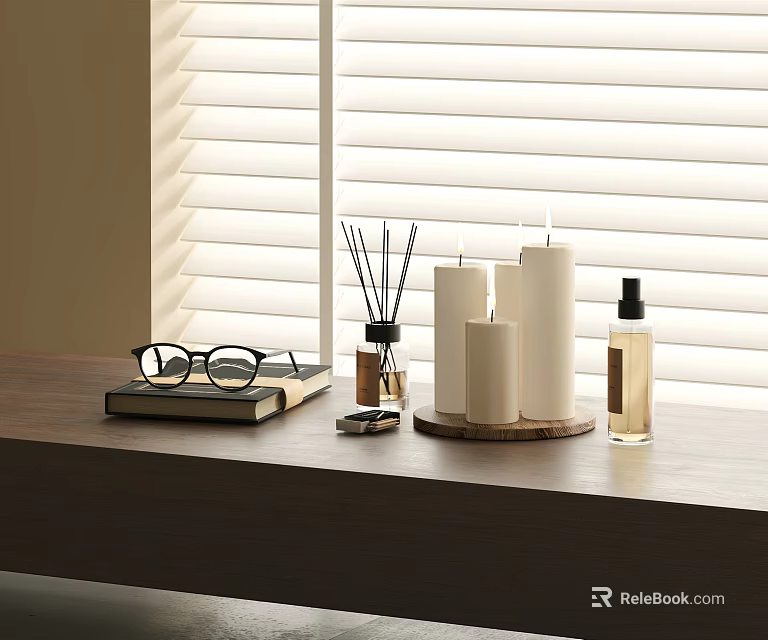 Elegant Decorative Accessories Set With Candles Aromatherapy Bottle Eyeglasses On Wooden Table By Window Blinds 3d model 