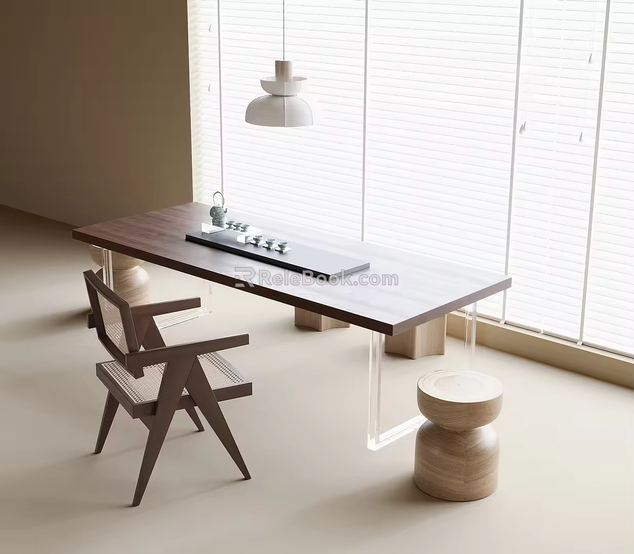 Modern tea table and chair combination venetian blinds chandelier 3d model