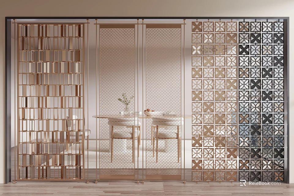 Modern Interior Design With Rose Gold Metal Partition Featuring Hollow Geometric Patterns And Dining Table Chairs 3d model 