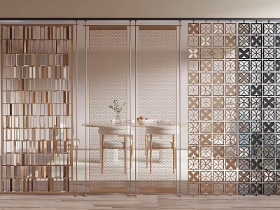 Modern Interior Design With Rose Gold Metal Partition Featuring Hollow Geometric Patterns And Dining Table Chairs 3d model