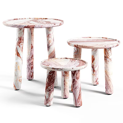Modern Marble Stools In Three Sizes With Round Seats And Pink White Veins 3d model