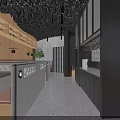 Modern Restaurant Interior With Black Ceiling Large Windows Brown Seats And Green Plants