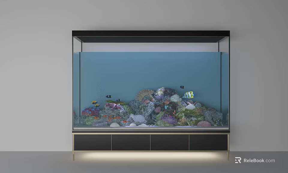 Large Aquarium With Colorful Corals Decorative Stones Tropical Fish Black Base Drawers And Under Cabinet Lighting 3d model 