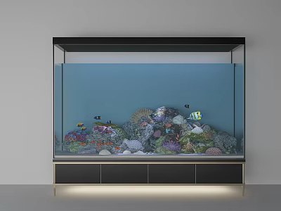 Large Aquarium With Colorful Corals Decorative Stones Tropical Fish Black Base Drawers And Under Cabinet Lighting 3d model