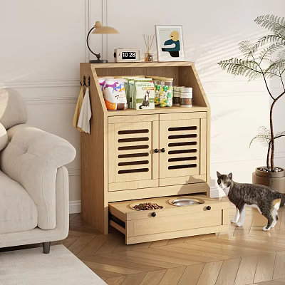 Modern Wooden Pet Furniture With Storage For Pet Food And Food Bowls 3d model