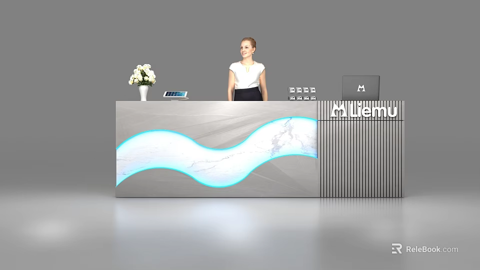 Modern Reception Desk With White Flowers Digital Display Lemu Logo And Wave LED Light 3d model 