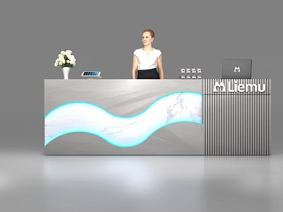 Modern Reception Desk With White Flowers Digital Display Lemu Logo And Wave LED Light 3d model