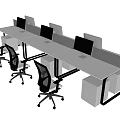 Modern Office Desk Workspace With Computer Monitors Dividers And Ergonomic Office Chairs