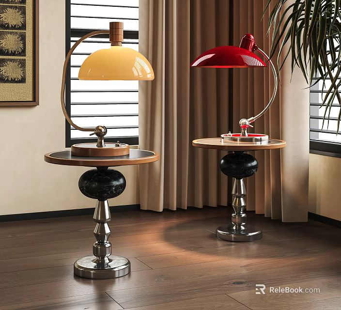 Two Modern Table Lamps With Yellow Red Lampshades And Metal Wooden Bases 3d model 