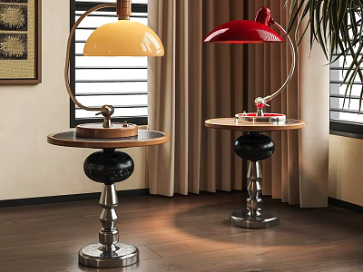 Two Modern Table Lamps With Yellow Red Lampshades And Metal Wooden Bases 3d model