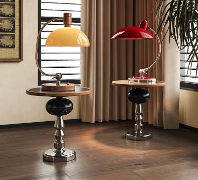 Two Modern Table Lamps With Yellow Red Lampshades And Metal Wooden Bases 3d model