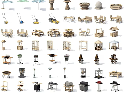 Garden Decor Essentials With Outdoor Furniture Umbrellas Lanterns And Grill Tools 3d model