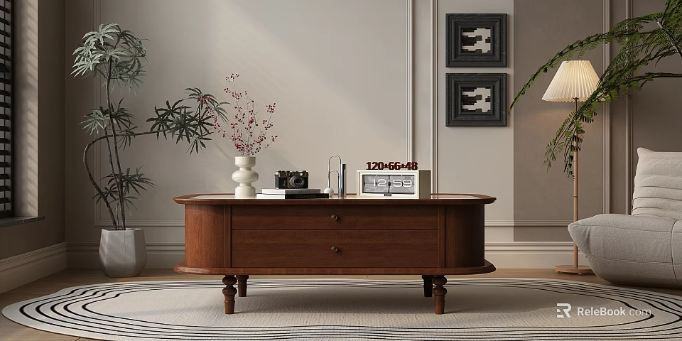 Stylish Brown Wooden Coffee Table With Drawers Green Plants White Vase On Rug 3d model 