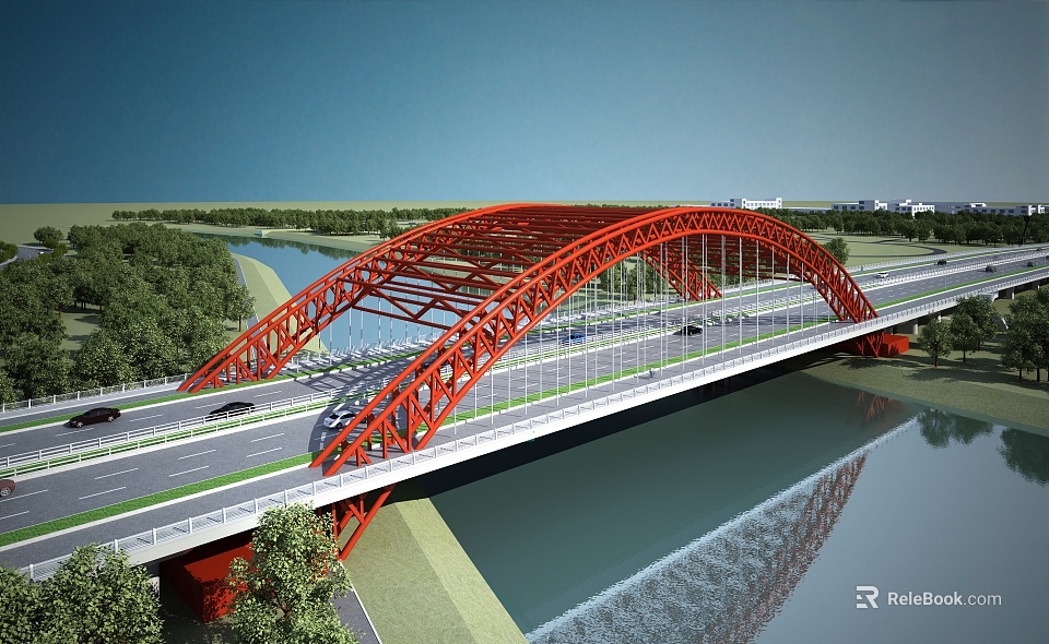 Red Arched Landscape Bridge Spanning River with Vehicles and Green Trees Modern Design 3d model 