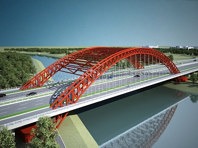 Bridge Red Steel Structure Bridge on Expressway Cable Bridge Arch Bridge Landscape Bridge Simple Structure 3d model