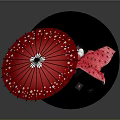 Traditional Red Kimono Costume With Doll Figure And Red Umbrella Cherry Blossom Petals