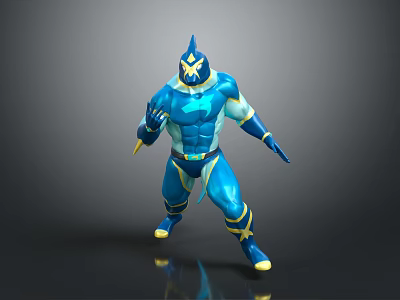 Blue And Yellow Superhero Character With Lightning Symbol Helmet Standing Pose Fictional Creature 3d model